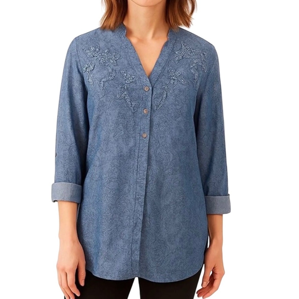 Uncommon Threads By J. Jill Blue Cotton V-Neck Floral Blouse, Small, Cottagecore
